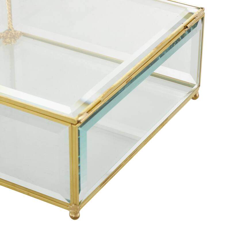 Glass Beveled Decorative Jewelry Box with Gold Metal Frame and Chain Accent - Set of 2 Clear - Roche River Decor