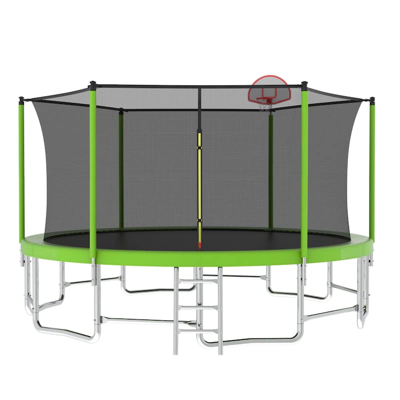 16FT ASTM Approved Outdoor Trampoline with Balance Bar, Basketball Hoop & Ball - Reinforced with Enclosure Net
