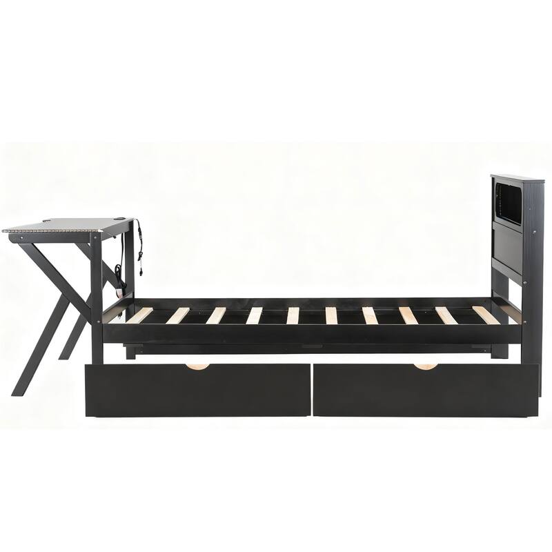 GDFStudio - Wooden Gaming Platform Bed with LED Headboard, Desk, USB and Storage Drawers