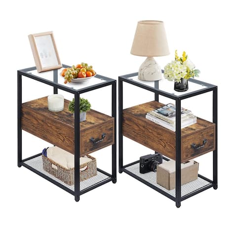 Modern Narrow Tempered Glass End Side Table/Tall Nightstand with Drawer and Shelf (Set of 2 )