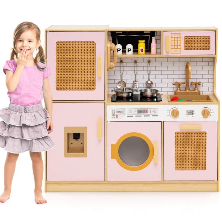MDF Rattan Kids Play Kitchen with Lights, Sounds and Accessories - 33" × 10" × 31.5"