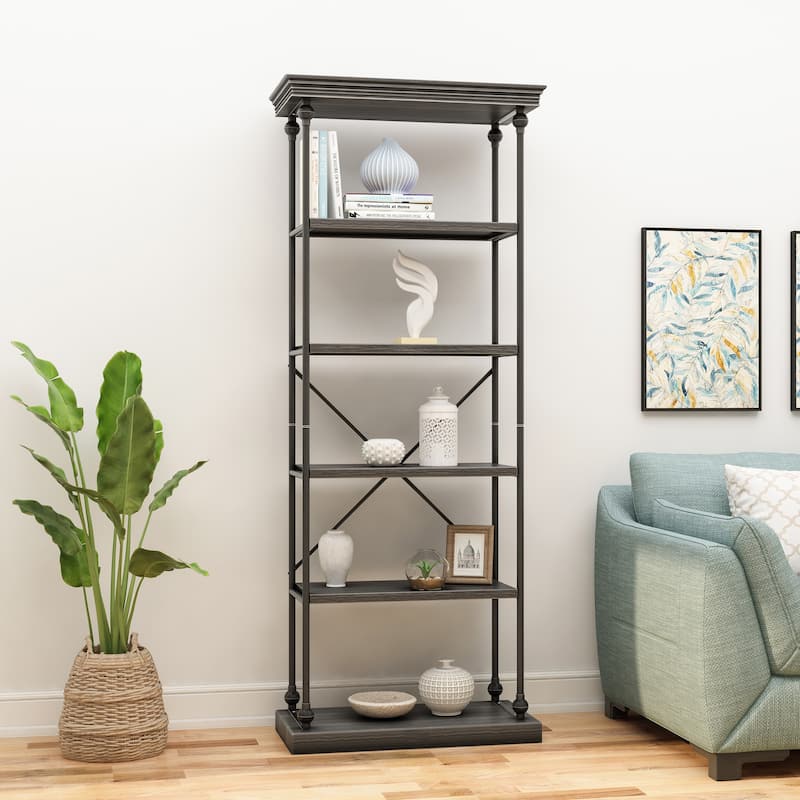 Abramo Industrial 5-shelf Firwood Bookcase by Christopher Knight Home - 34.00" W x 15.50" D x 84.75" H - Pewter+ Gray
