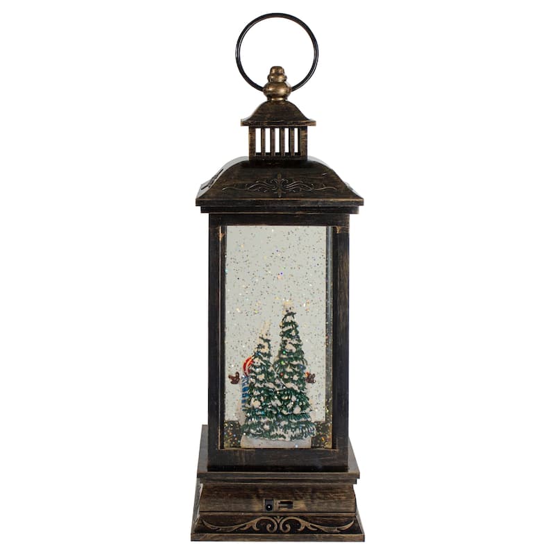 11" Black with Brushed Gold LED Snowman Family Christmas Lantern Snow Globe