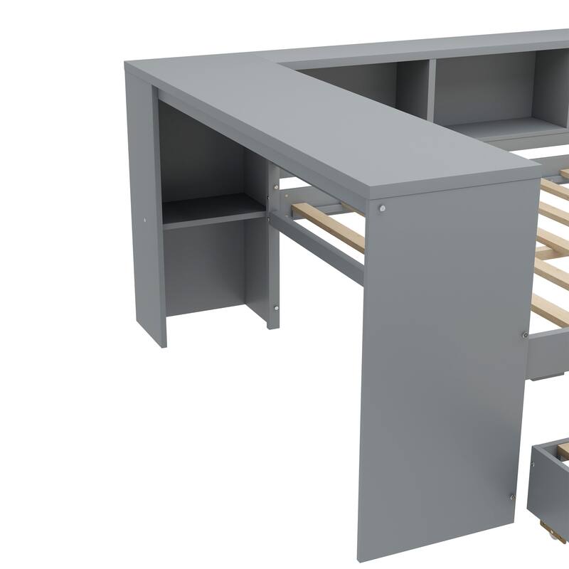 Full Size Wood Daybed with Trundle, Storage Drawers, Side Shelves, and Desk, Gray