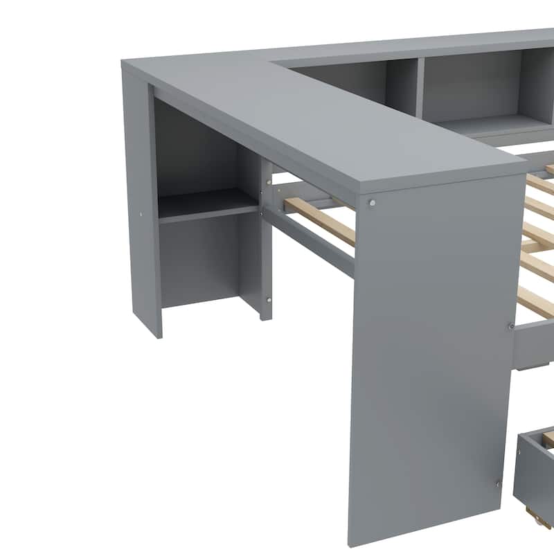 Roomfitters Twin/Full Size Wood Daybed with Trundle, Storage Drawers, Side Shelves & Built-in Desk, No Box Spring Needed