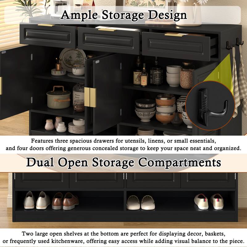 Roomfitters 59.1" Farmhouse Sideboard Buffet Cabinet with 3 Drawers and 4 Doors, Kitchen Storage with Open Shelf