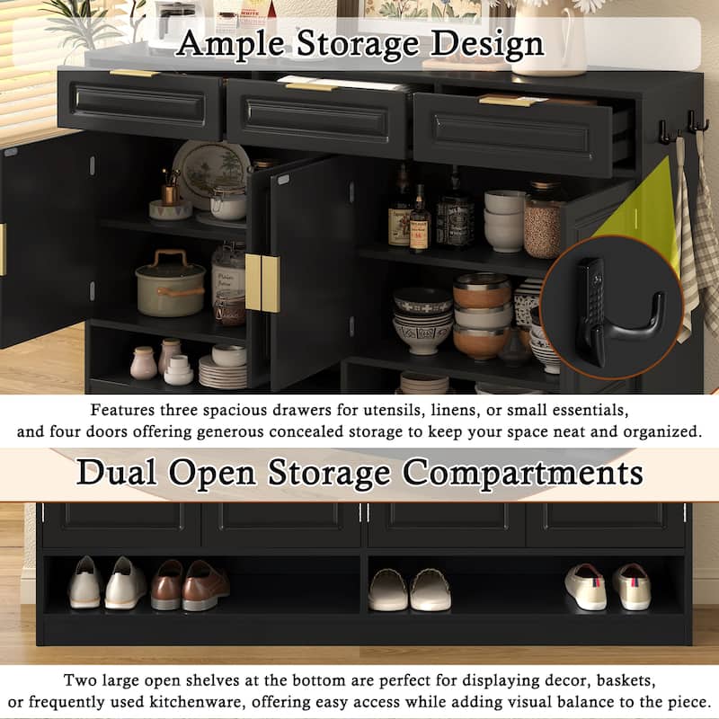 Sideboard with 4 Doors & 3 Drawers, Buffet Cabinet with Adjustable Shelf & Open Shelf, Multi-Functional Wooden Storage Cabinet