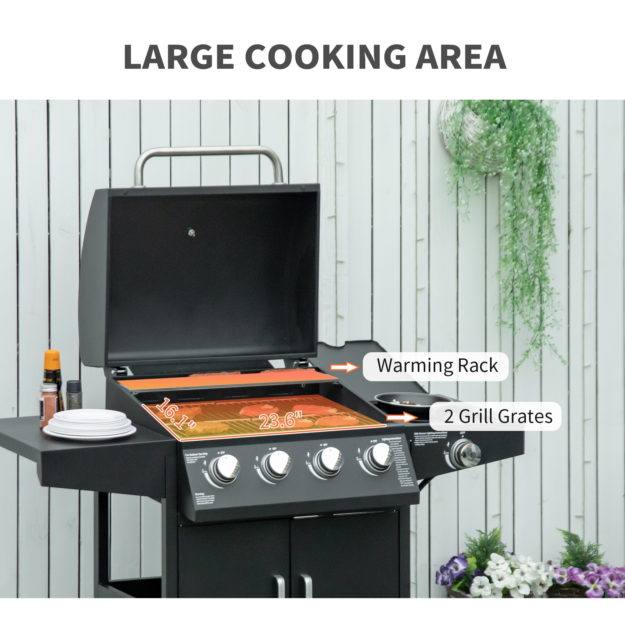 Outsunny 4+1 Burner Liquid Propane Gas Grill Outdoor Cabinet Style BBQ Trolley w/ Side Burner, Warming Rack, Thermometer