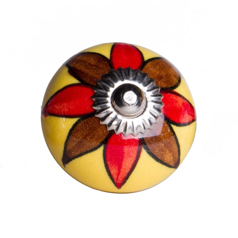 HomeRoots Set of Eight Red And Yellow Floral Ceramic Drawer Pull Knobs - 1.5" x 1.5" x 1.5"