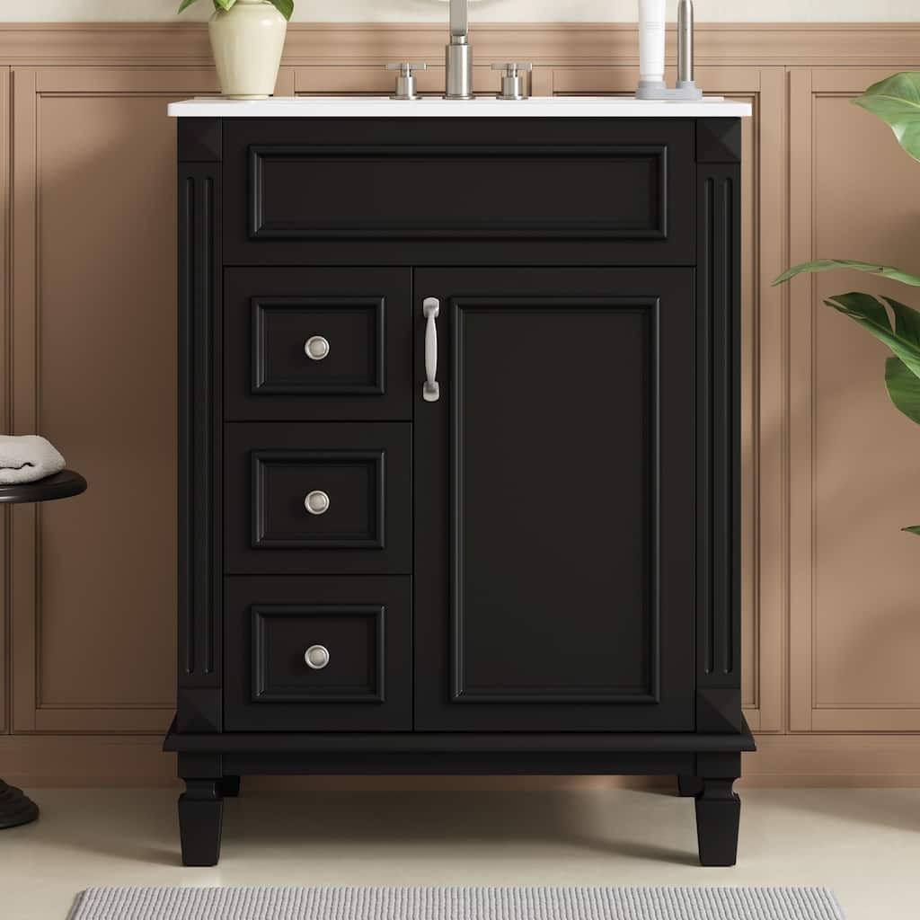 Roomfitters 24" Bathroom Vanity with Ceramic Sink, Storage Cabinet with Shelves and Drawers, Modern Black Bathroom Sink Cabinet