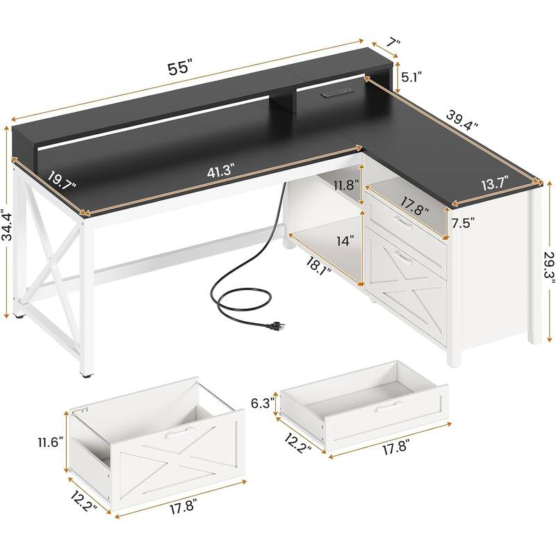 L Shaped Desk 55" Home Office Desk Drawers Storage Shelves