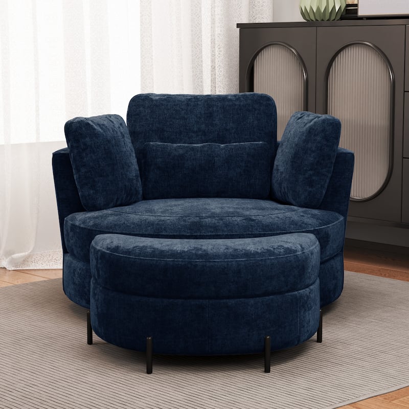 Modern Chenille 360° Swivel Accent Barrel Chair and Storage Ottoman