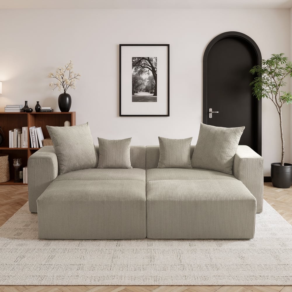 81"W No Assembly Corduroy Modular Sectional Sofa with Ottoman