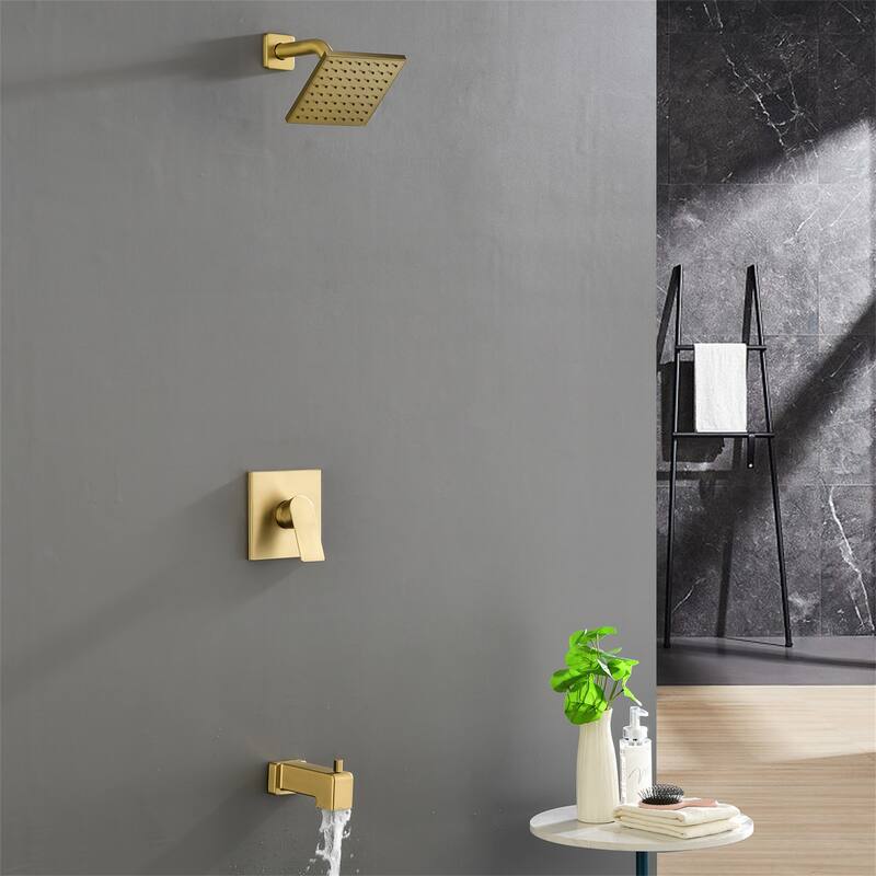 Wall Mounted Shower Faucet with Tub Spout, Complete Brushed Gold Tub Shower System Wth Pressure Balance Valve