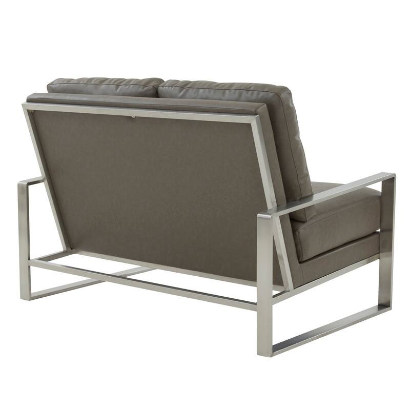 Jefferson Modern Leather Loveseat with Brushed Silver Stainless Steel Base, Removable Cushions, Sinuous Springs, Fully Assembled