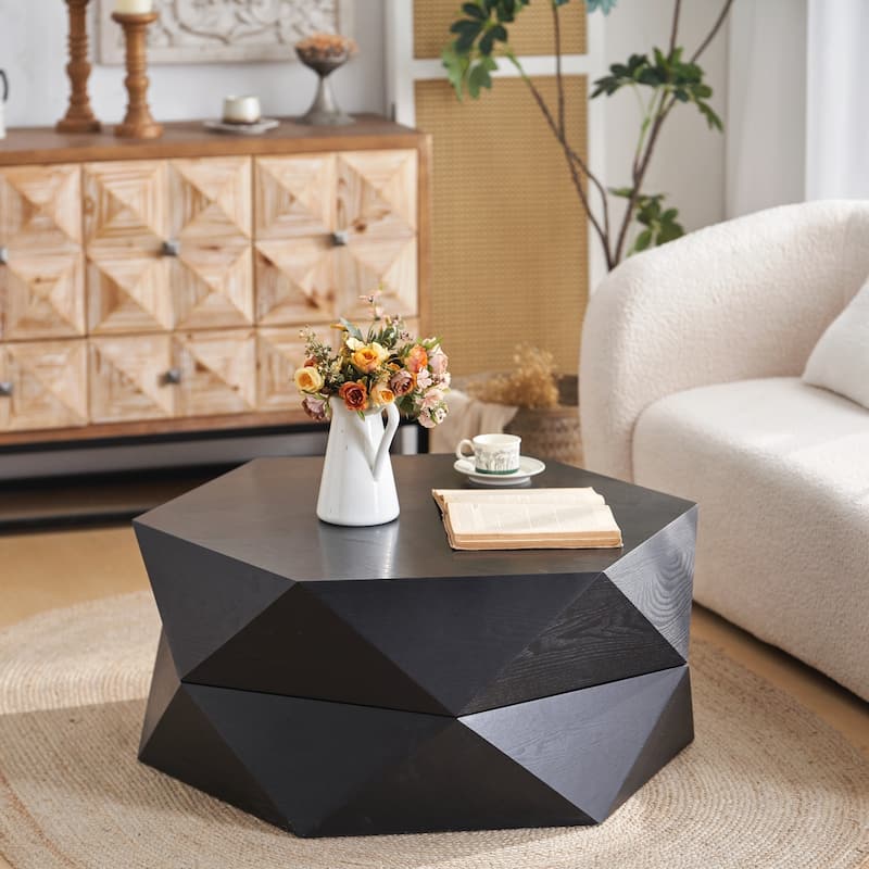 36.61'' Retro Style Polygon Flip Top Coffee Table, with Flip Top for Convenient Access, Hidden Storage - Black