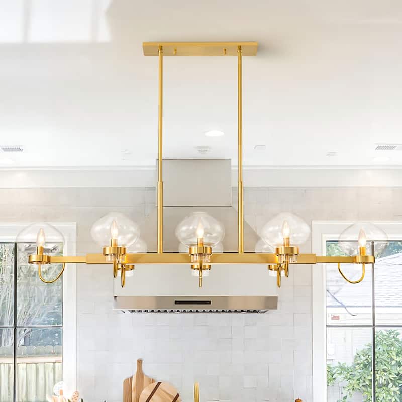 8-Light Industrial Gold/ Black Linear Candle Clear Glass Chandelier for Kitchen Island - Aged Brass