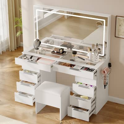Moasis White 10-Drawer Cosmetic Vanity Desk Set with Glass Tabletop Makeup Vanity with LED Strip