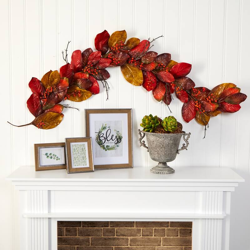 6' Autumn Magnolia Leaf with Berries Artificial Garland