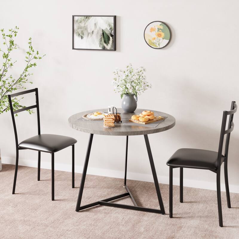 Lasyn Marble White Gold Round 3 Piece Dining Table Set for Small Space - 31.4" Dia x 29.5" H - Grey