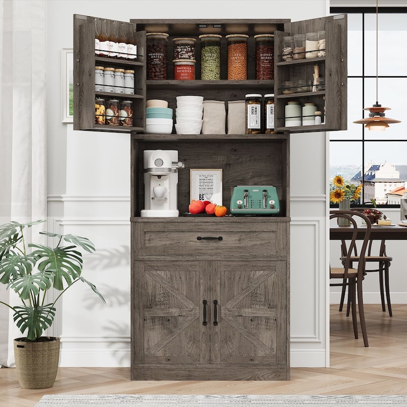 Gymojoy 70" Farmhouse Kitchen Pantry Cabinet With Operation Table & Power Outlet, Freestanding Cupboard - Oak