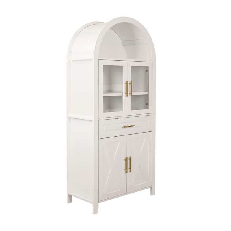 Arched Kitchen Pantry Cabinet with Glass Door, Farmhouse 71" Storage Cabinet with Adjustable Shelves & Barn Door Design