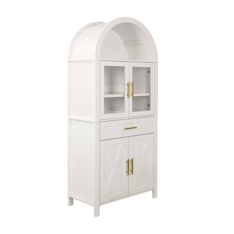 Roomfitters 71" Tall Arched Farmhouse Pantry Cabinet with Glass Barn Doors & Pull-Out Drawer