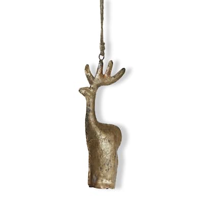 Large Antique Gold Reindeer Bell Tree Ornament Decorative Holiday Decor 10 in H x 4.5 in L x 1 in W