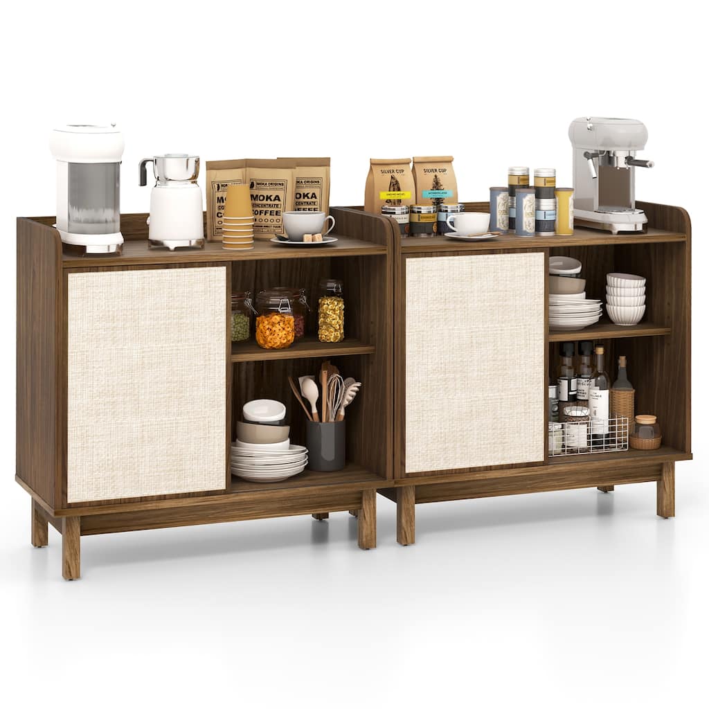 Gymax 2PCS Rattan Buffet Sideboard w/ Adjustable Shelves Storage