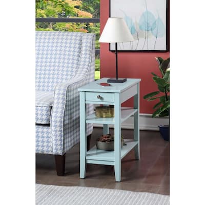 Three Tier End Table with Drawer and Two Open Shelves, Transitional Side Table with Storage and Display Space for Home Décor