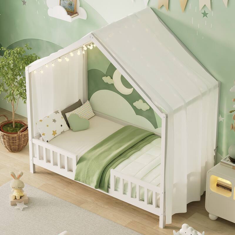 Twin Bed Frame for Kids, House Shape Toddler Bed Frame with High Railings, Wood Kids Bed with Roof