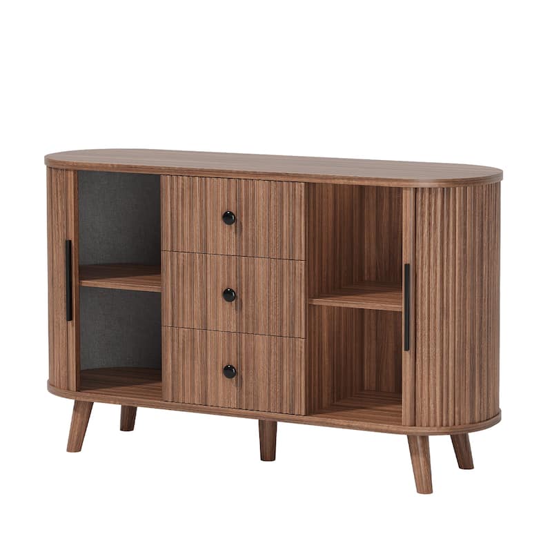 Sideboard Buffet Cabinet with 2 Sliding Tambour Doors and 3 Drawers, Storage Cabinet with Adjustable Shelves for Living Room