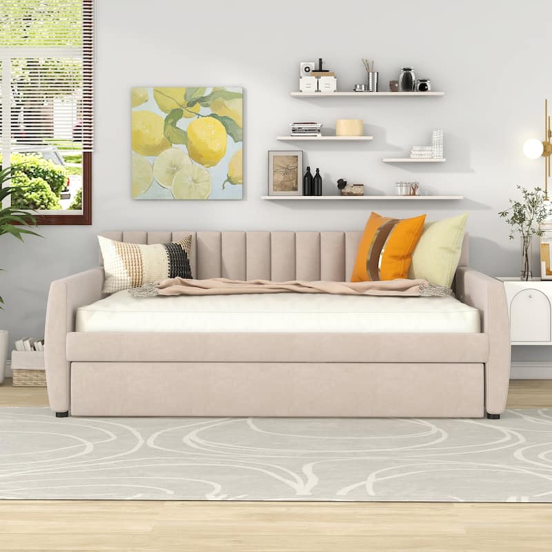 Full Size Upholstered Daybed with Trundle and Wood Slat Support