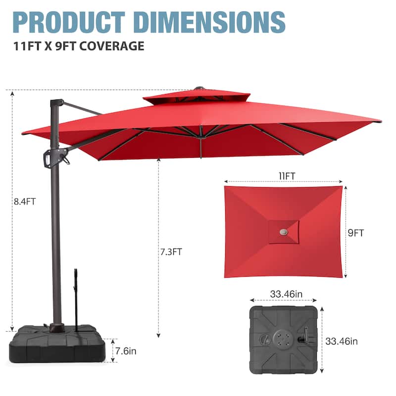 VredHom Patio Outdoor 9 x 11 FT Double Top Cantilever-Offset Umbrella with Rod Wheel Base