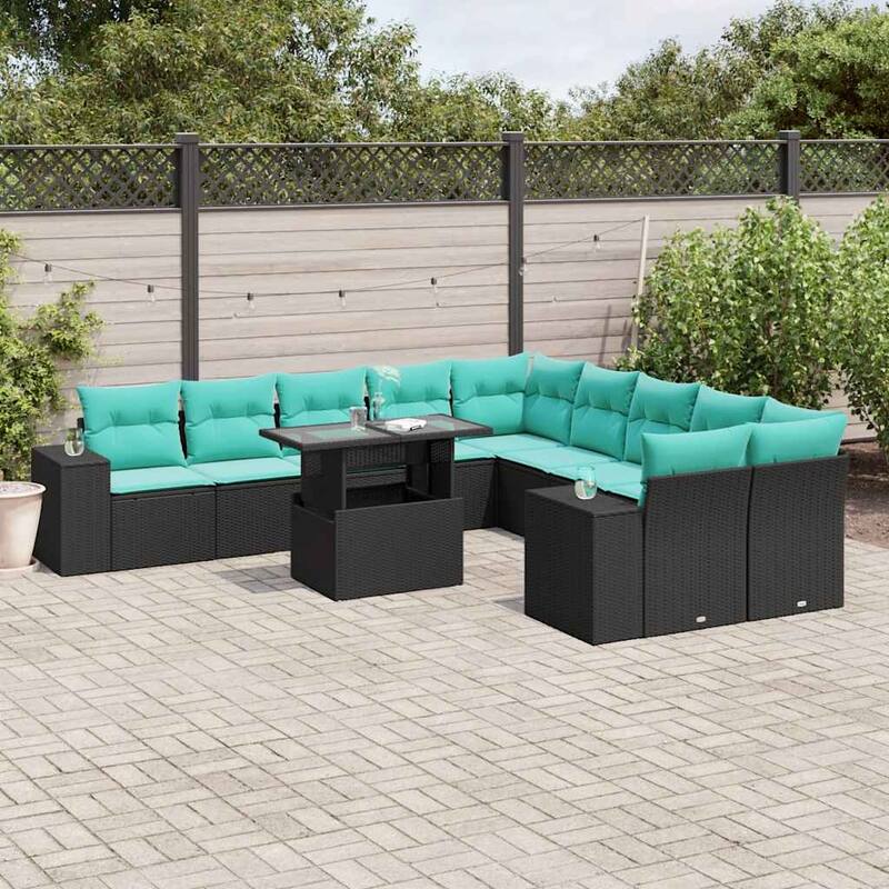 vidaXL Patio Sofa Set with Cushions Table and Couches 11 Piece Poly Rattan - 24.4" x 24.4" x 27.2" - Black