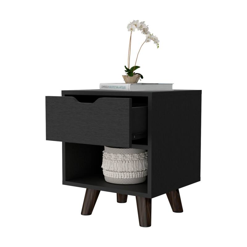 19 Inch Wood Nightstand with Storage Drawer and Open Shelf Bedside Table for Small Spaces