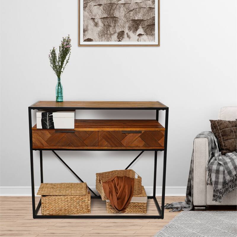 M4H Aarhus Brown Solid Wood Metal Console Table with Two Drawers