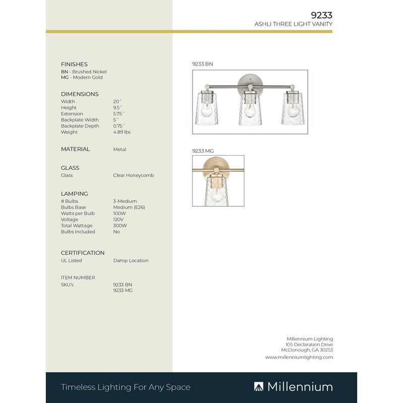 Millennium Lighting Ashli 2/4 Light Vanity Light with Clear Honeycomb Glass Shades