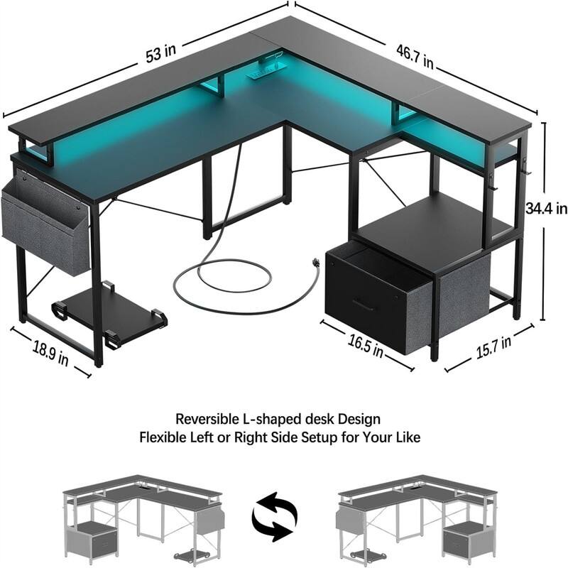 L Shaped Desk with Power Outlet and LED Strip