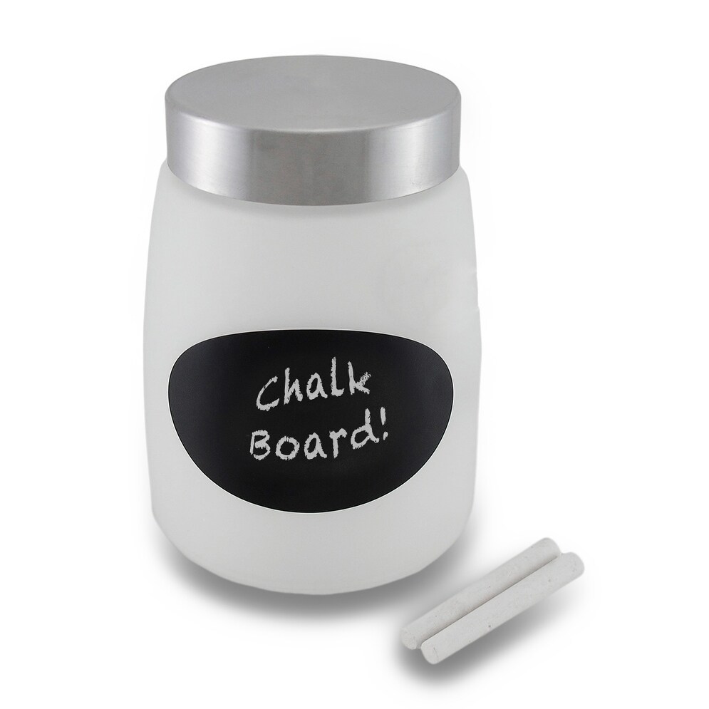 Frosted Glass Storage Jar w/Metal Lid and Chalkboard Label - 6.5 X 5 X 5  inches