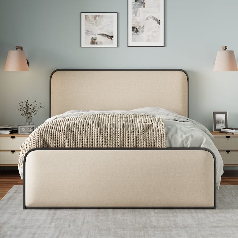 Modern Metal Bed Frame with Curved Upholstered Headboard and Footboard - Beige - King