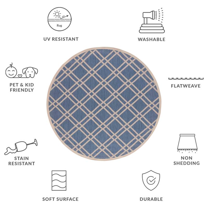 SAFAVIEH Courtyard Lisaveta Indoor /Outdoor Waterproof Patio Backyard Rug - 7'10" Round - Blue/Beige