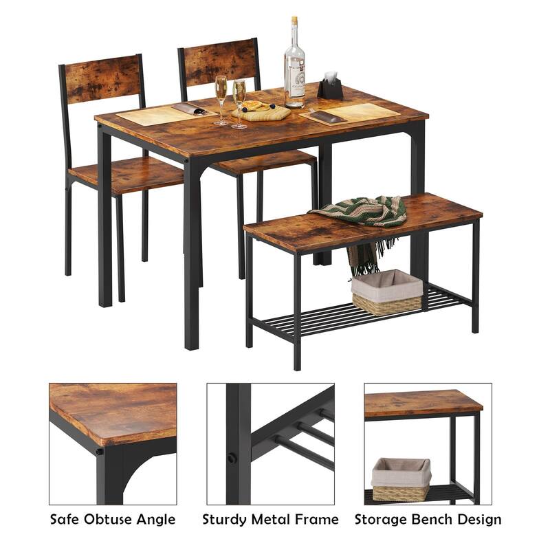 4 Person Dining Table Set, Kitchen Table Set for 4, Dining Room 2 Chairs with Backrest, 2-Person Bench with Storage Rack