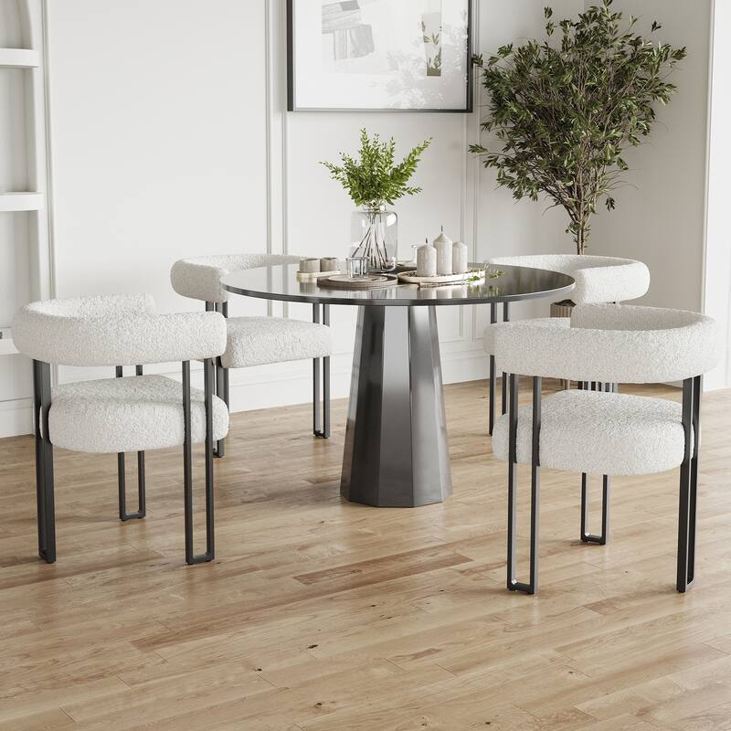 Set of 2 Upholstered Dining Chairs, Bouclé Fabric Accent Chairs with Metal Frame, with Cushioned Seat & Back