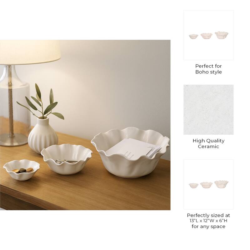 Ceramic Accent Bowl, Scalloped Edge-Set of 3-13", 11", 8", Ivory & Tan - 13.0"