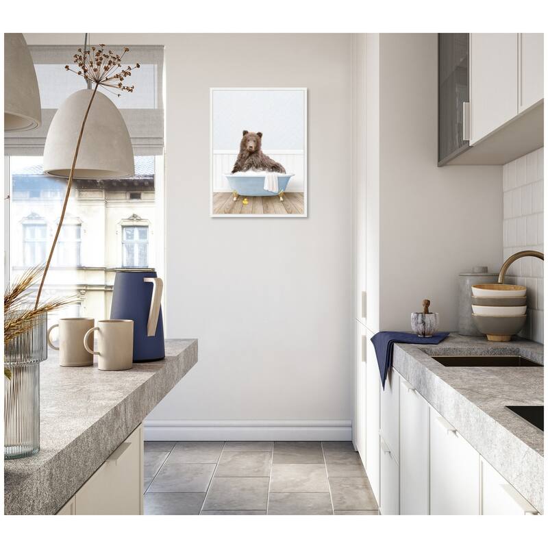 Kate and Laurel Sylvie Bear in Cottage Blue Bathtub Framed Canvas by Amy Peterson