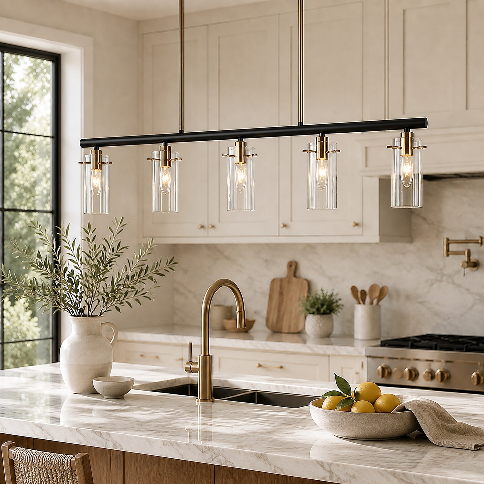 Modern 5-Light Linear Clear Glass Chandelier Black Antique Brass Kitchen Island Light - 36" L x 3" W x 8" H