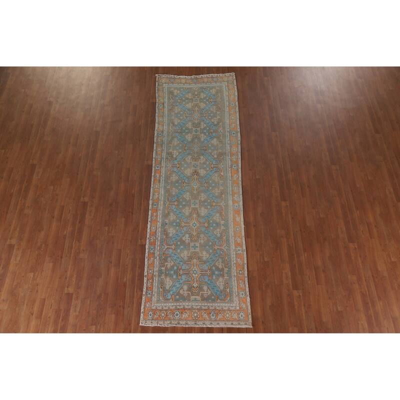 Hand Knotted Oriental 100% Wool Carpet Traditional All-Over Beige & Ivories Heriz Runner Rug - 10' 9'' X 3' 4''