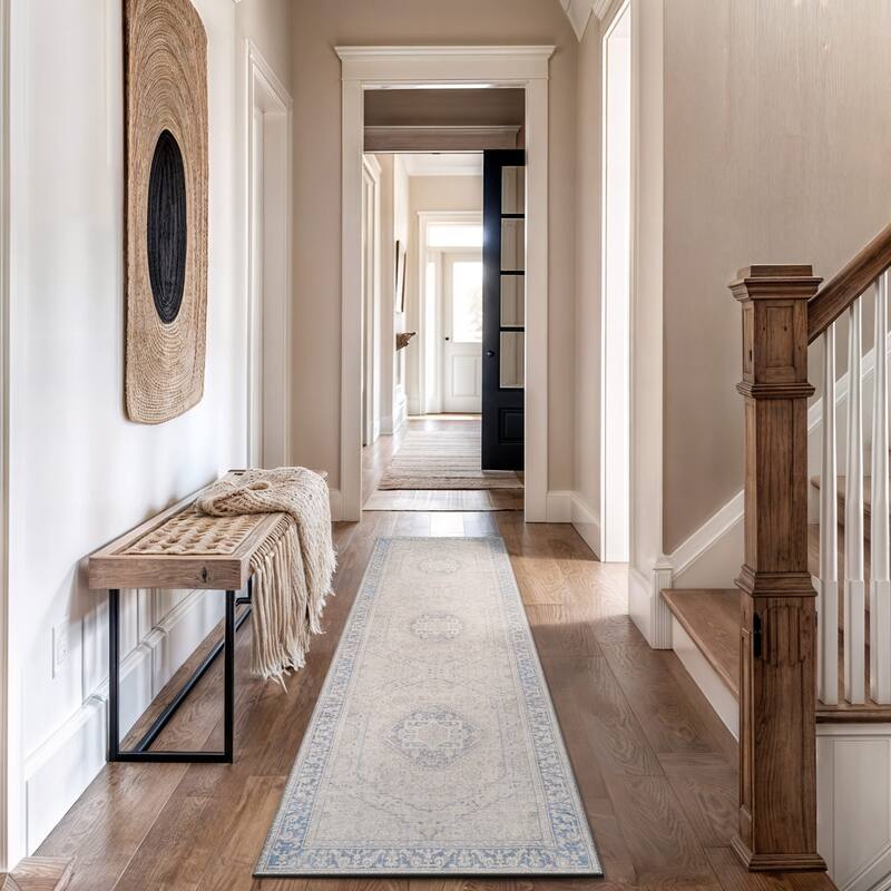 Beige Medallion Flat Pile Washable Rug - Pet Friendly, Non-Slip for Entryway and Bedroom - Blue - 2'6" x 8'