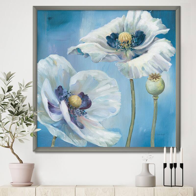 Designart "White Flower on Blue I" Farmhouse Framed Art Print - 16 in. wide x 16 in. high - Silver